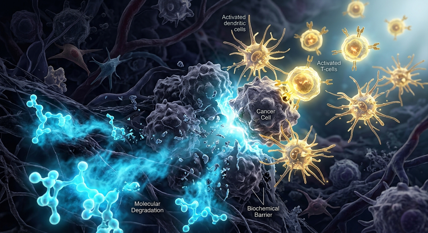 Activated dendritic cells and T-cells targeting a cancer cell, surrounded by a biochemical barrier and molecular degradation